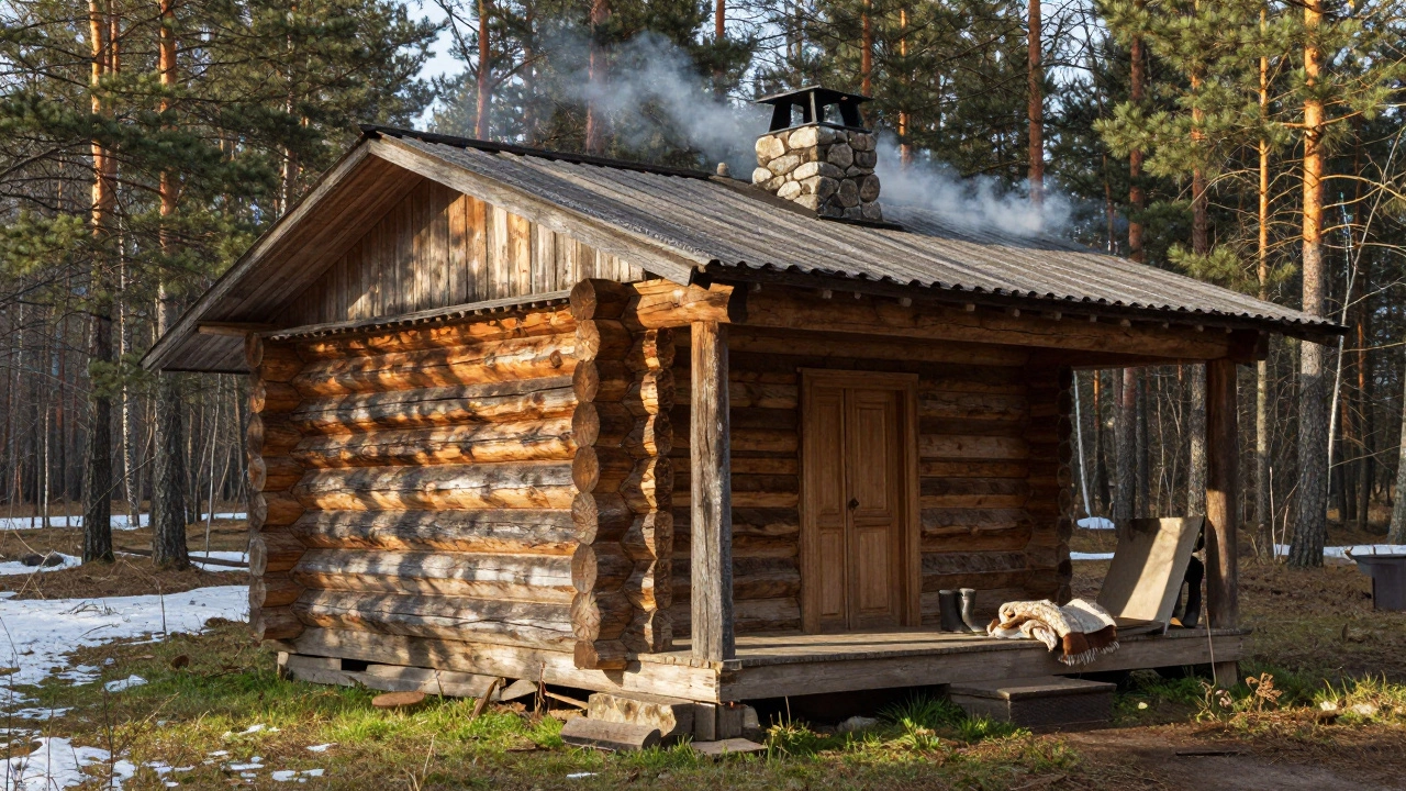 Деревянный сруб в лесу с дымом из трубы и солнечным светом, проникающим сквозь деревья.