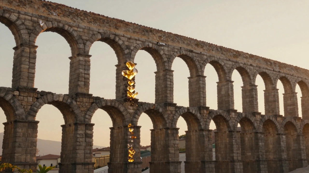 Древний римский акведук с невидимыми кристаллами, медленно растущими внутри бетона.