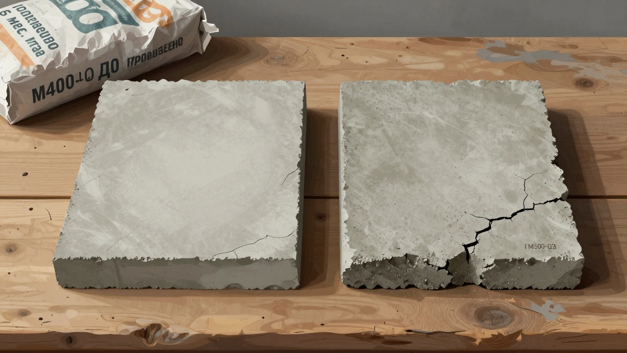 Два бетонных образца: один целый, другой треснувший, рядом лежит мешок цемента с датой производства 6 месяцев назад.