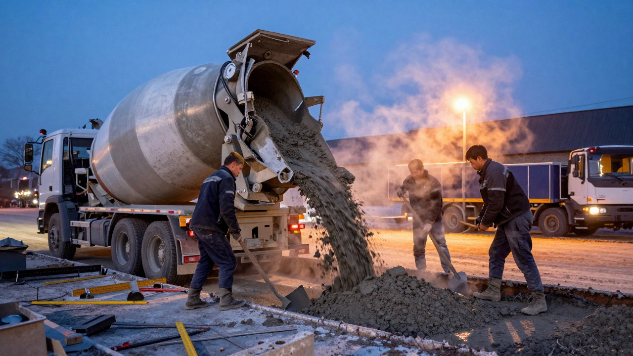 Грузовик с бетоном разгружает смесь в траншею на закате, рабочие заливают фундамент.