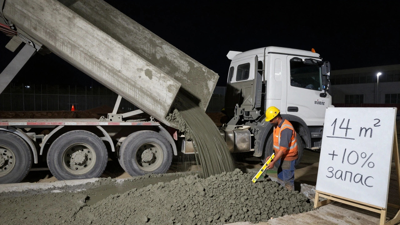 Грузовик с бетоном заливает фундамент, на доске виден расчет с запасом 10%.