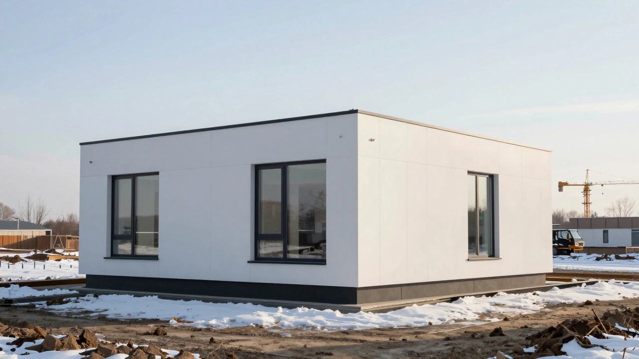 Модульный дом на участке в Казани, только что собранный, с краном на заднем плане.