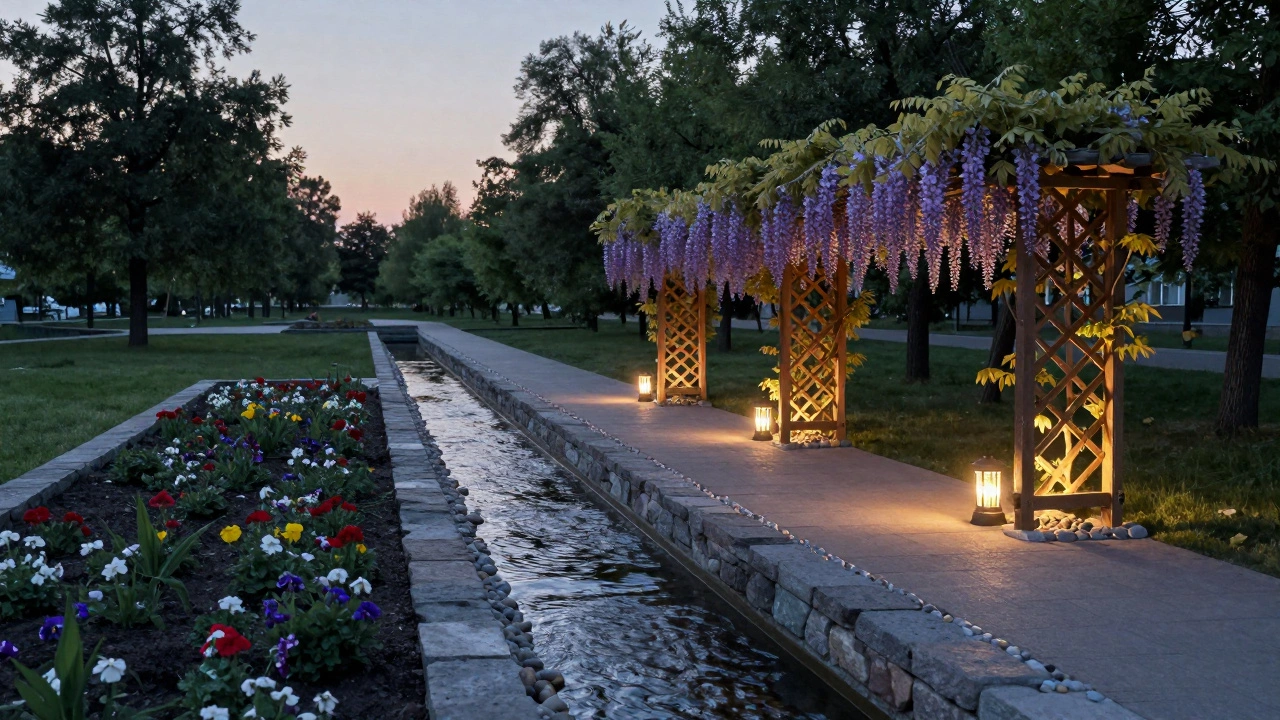 Низкий каменный бордюр, узкий ручей и деревянная решетка с виноградом в сумерках.