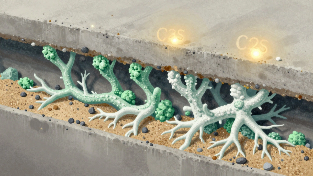 Поперечный разрез бетона с растущими кристаллами между песком и щебнем.