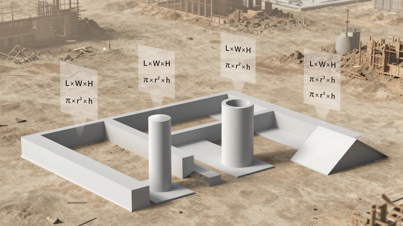 Разбивка фундамента на геометрические фигуры с формулами расчета объема.