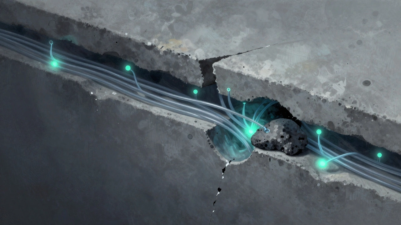 Разрез бетона с видимыми волокнами и кристаллами гидратации, заполняющими поры.