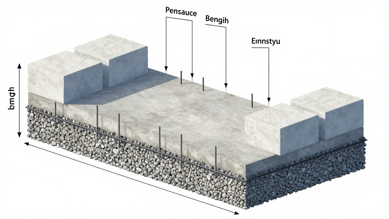 Разрез фундамента с подушкой, бетоном, арматурой и утеплителем в техническом стиле.