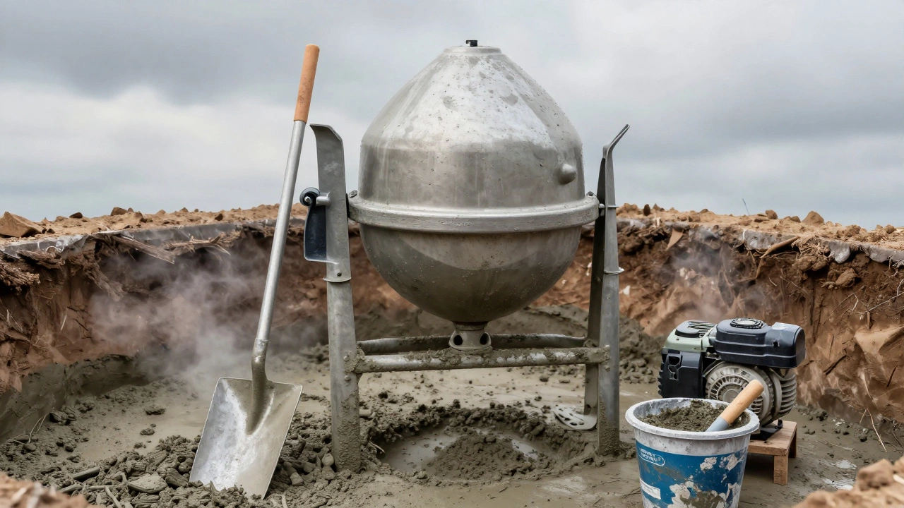 Ручная бетономешалка и инструменты для заливки фундамента на стройплощадке.