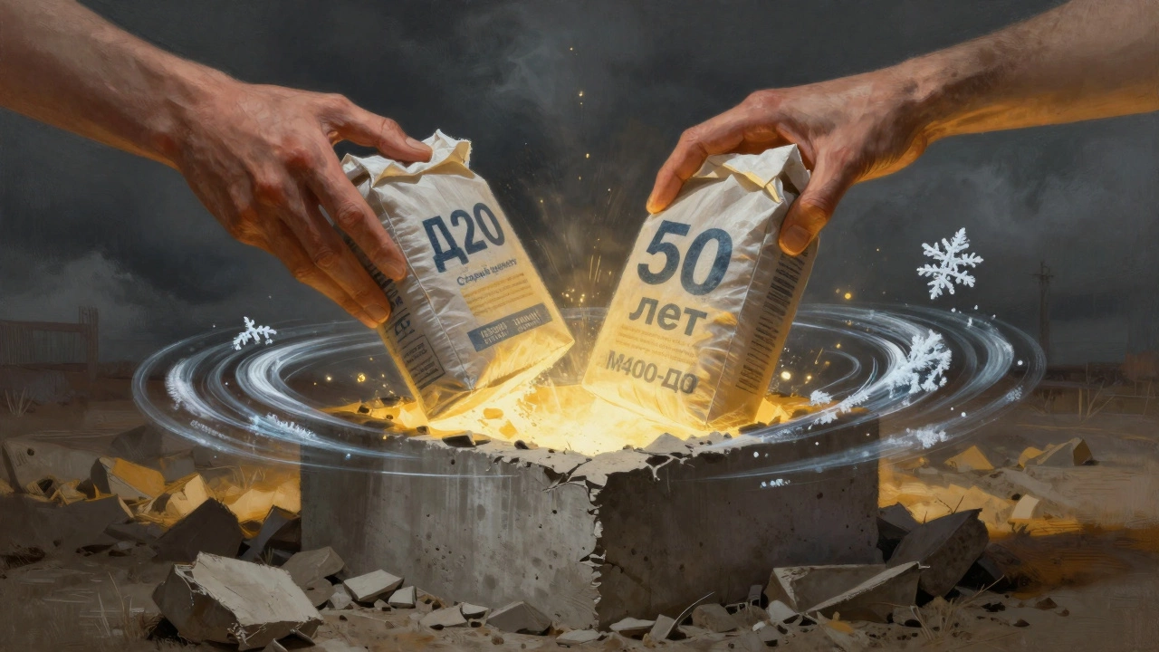 Сравнение старого и нового цемента: разрушающийся фундамент против прочного, свет и тень символизируют долговечность.