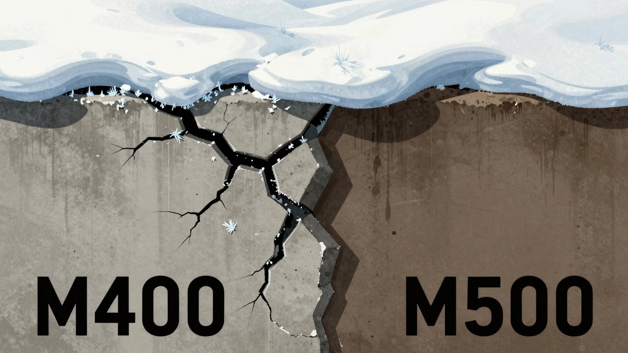 Сравнение треснувшего фундамента М400 и целого фундамента М500 под снегом.