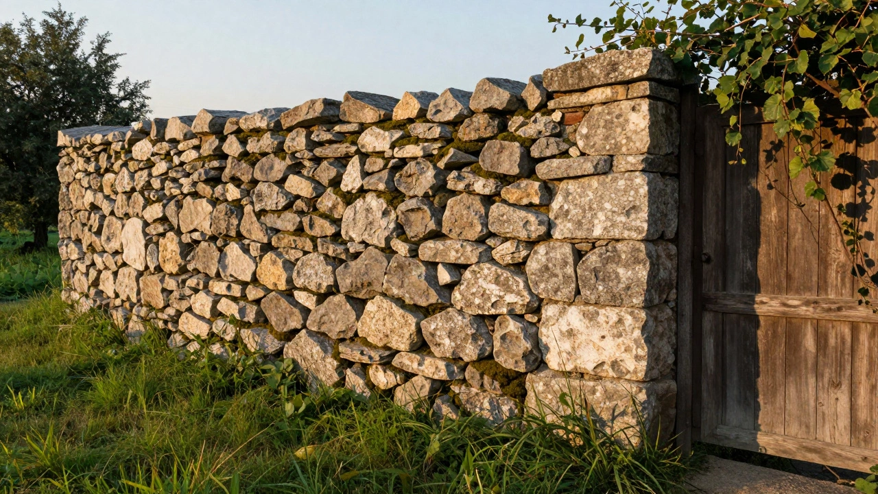 Сухая каменная стена из местного камня без раствора, с мхом и дикими растениями между камнями.