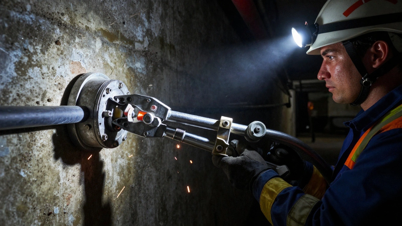Техник работает с гидравлическим резаком в туннеле, разрезая бронированный кабель.