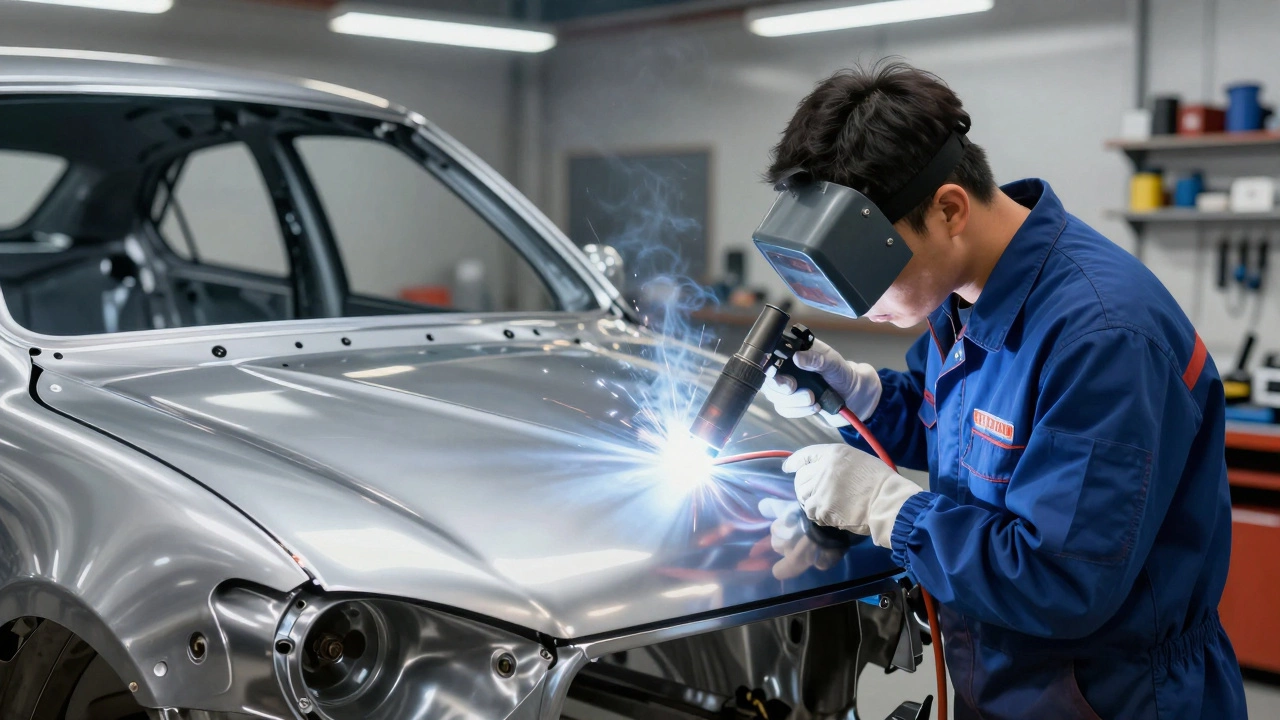 Техник в автосервисе выполняет MIG-сварку кузова автомобиля, виден поток проволоки и защитный газ.