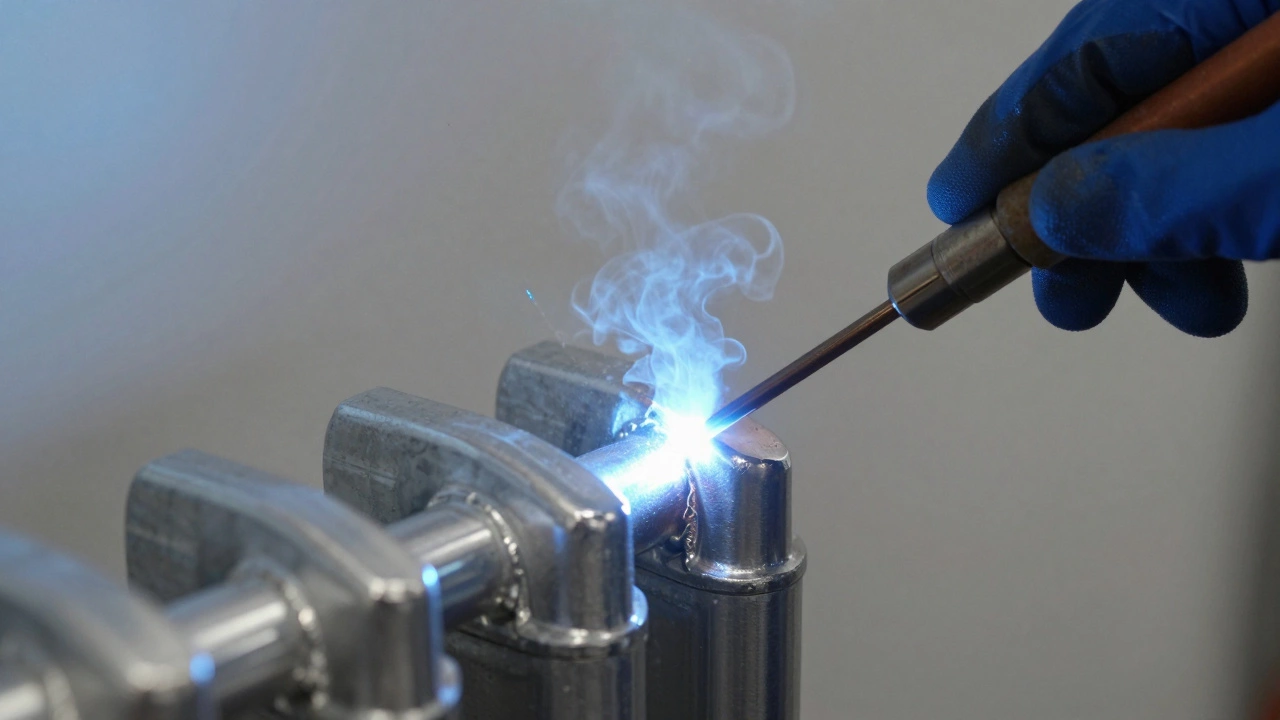 Тонкий алюминиевый радиатор сваривается методом TIG, серебристый шов светится под защитным газом.