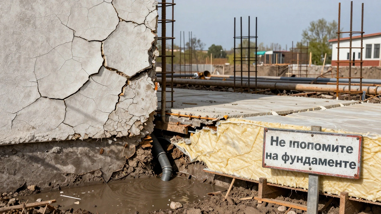 Трещины в стене дома из-за неправильного фундамента рядом с правильно построенным с дренажом и армированием.