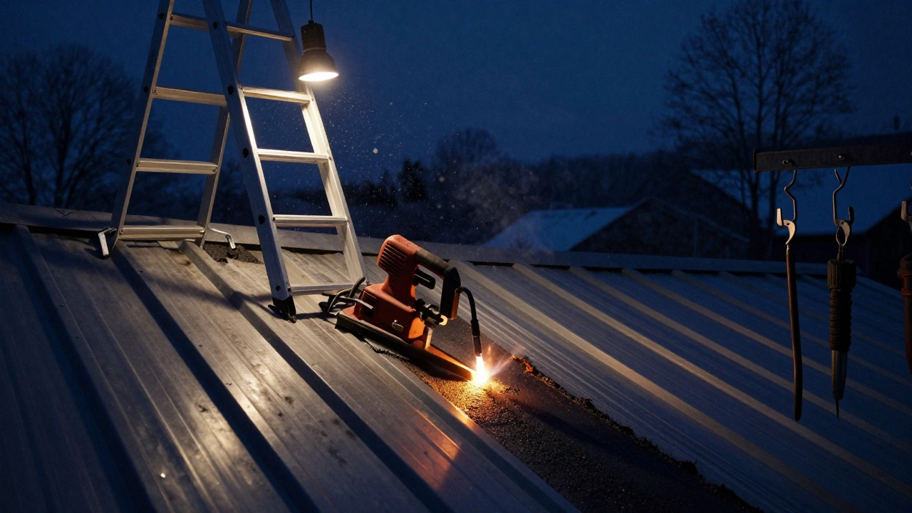 Укладка металлочерепицы с электроножницами и газовой горелкой на крыше ночью.
