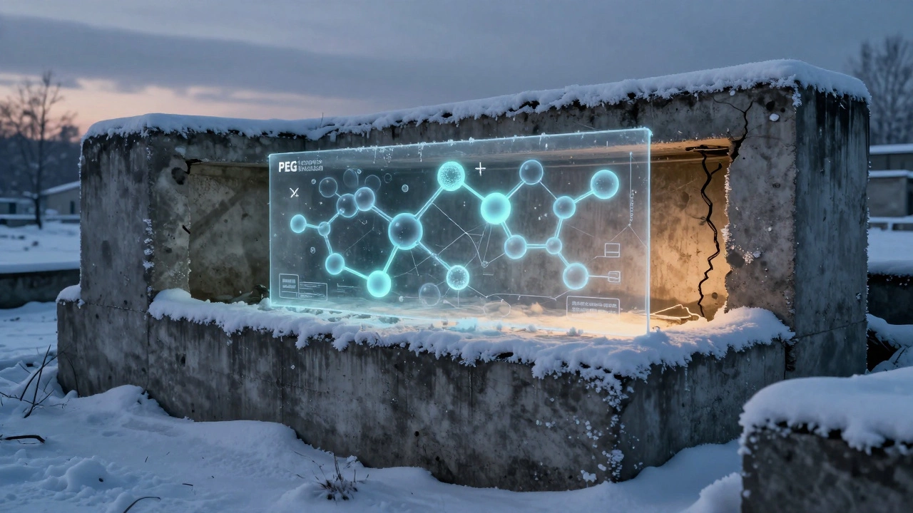 Замерзший бетонный фундамент в Казани с микроскопическими структурами внутри.