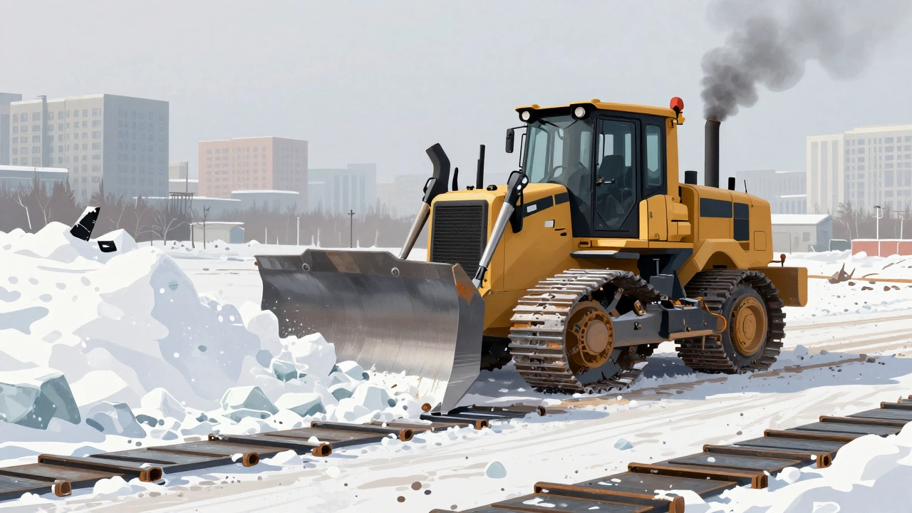 Бульдозер убирает снег и лед с строительной площадки в зимней Казани.