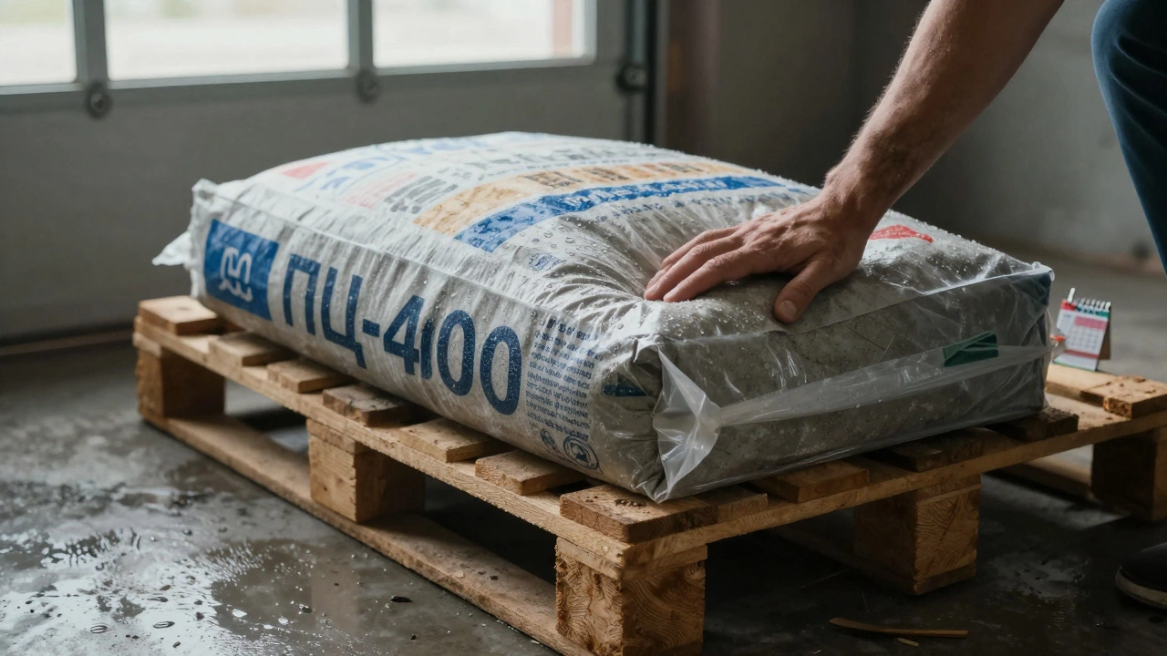 Мешок цемента ПЦ-400 на поддоне, влажный пол под ним, рука проверяет его состояние.