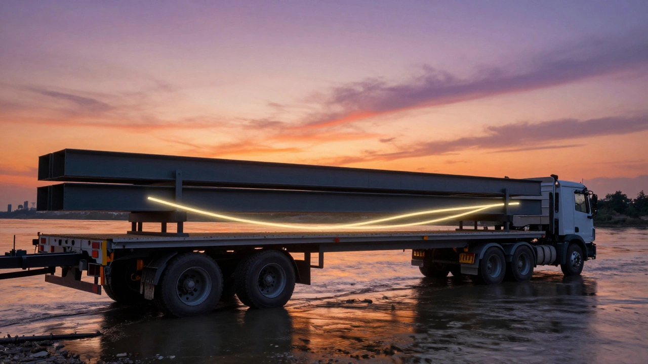 Полуприцеп с платформой перевозит мостовые балки на стройплощадке