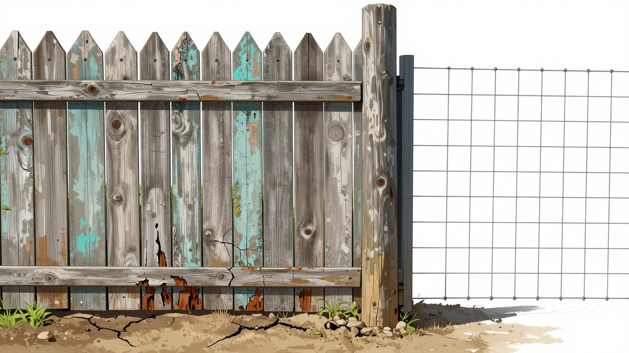 Поврежденный деревянный забор на фоне жаркого лета, с гниющими досками и треснувшей краской.