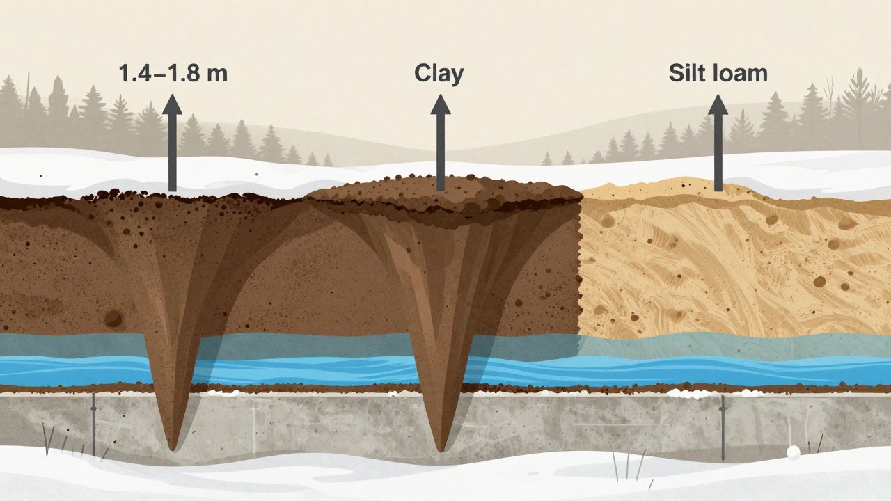 Разрез грунтов: песок, глина и суглинок под фундаментом, с указанием глубины промерзания и слоёв гидроизоляции.