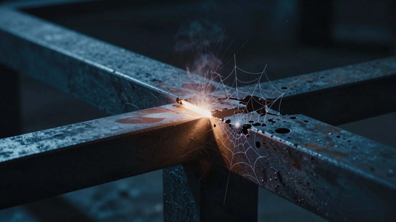 Разрушение конструкции по дефектному шву с видимыми трещинами и порами внутри металла.