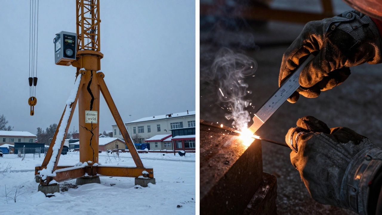 Разрушенная опора крана слева и правильно сваренный узел справа — последствия ошибки и точности.