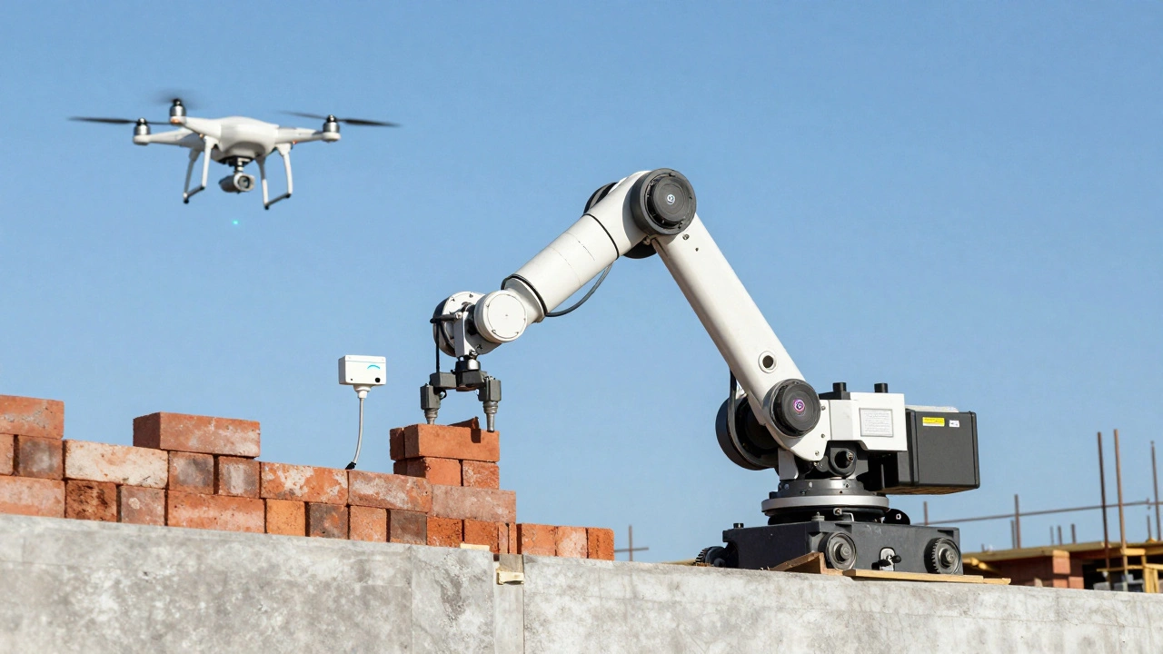 Робот укладывает кирпичи на фасаде здания, дрон сканирует стройку сверху