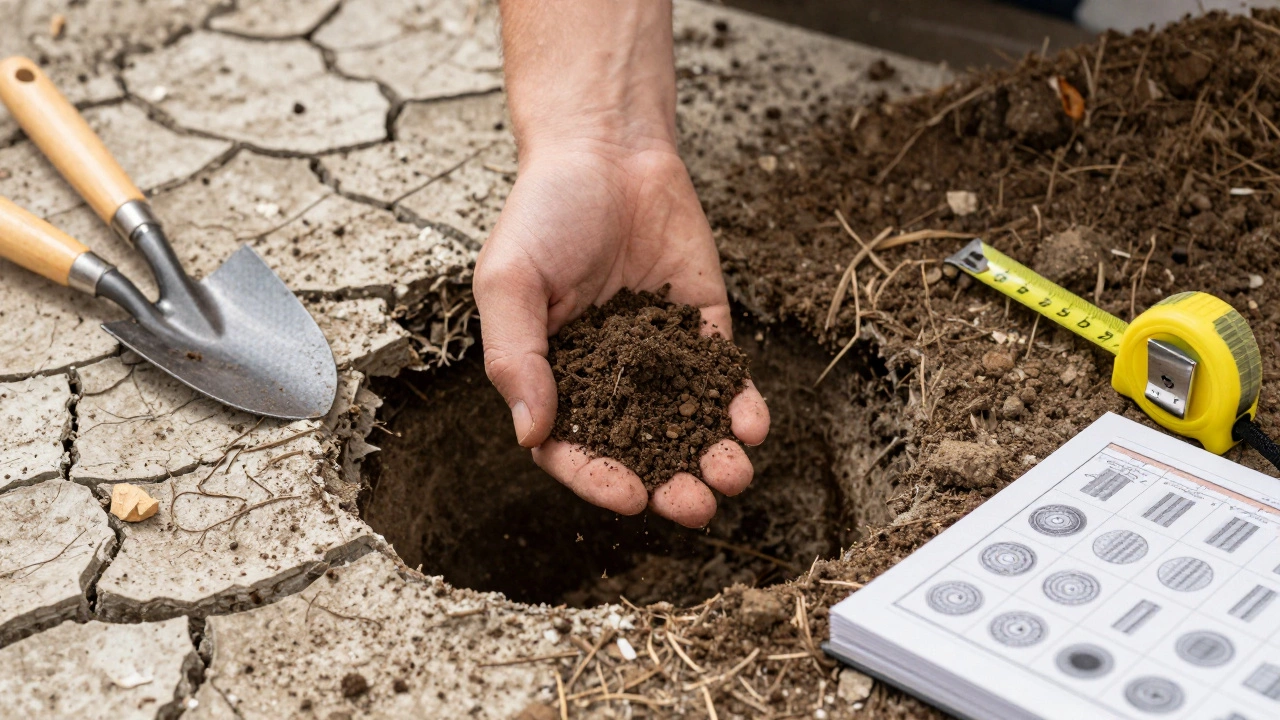 Рука держит образец грунта, на фоне — два варианта фундамента: с трещинами и надёжный, с дренажом.