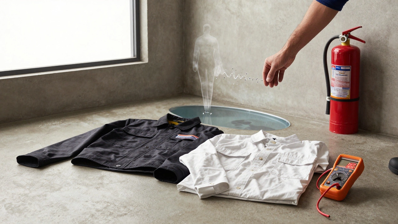 Сравнение безопасной и обычной одежды сварщика: кевларовая куртка и хлопковая, рядом ведро с водой и прибор с ошибкой заземления.