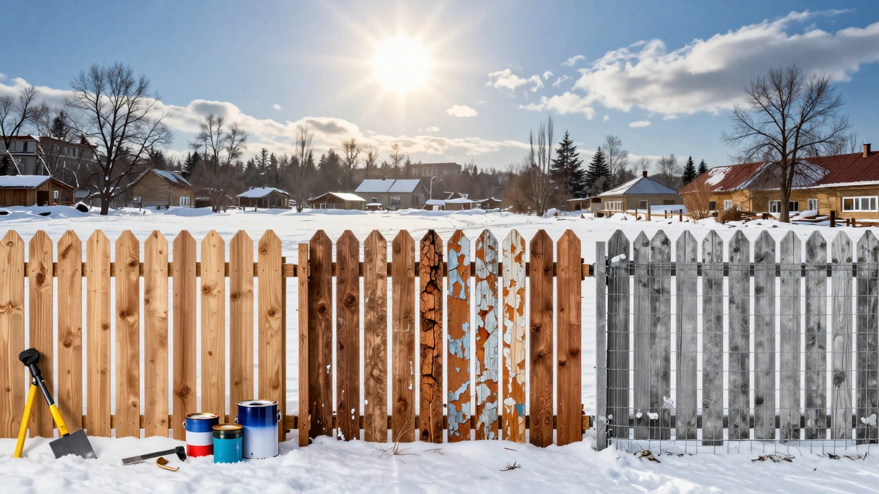 Сравнение сроков службы: новый деревянный забор, через 5 лет и забор из рабицы через 15 лет.