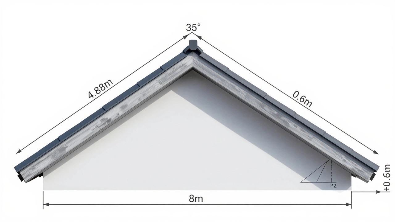 Технический чертеж крыши с обозначенными углом наклона и длиной стропил.