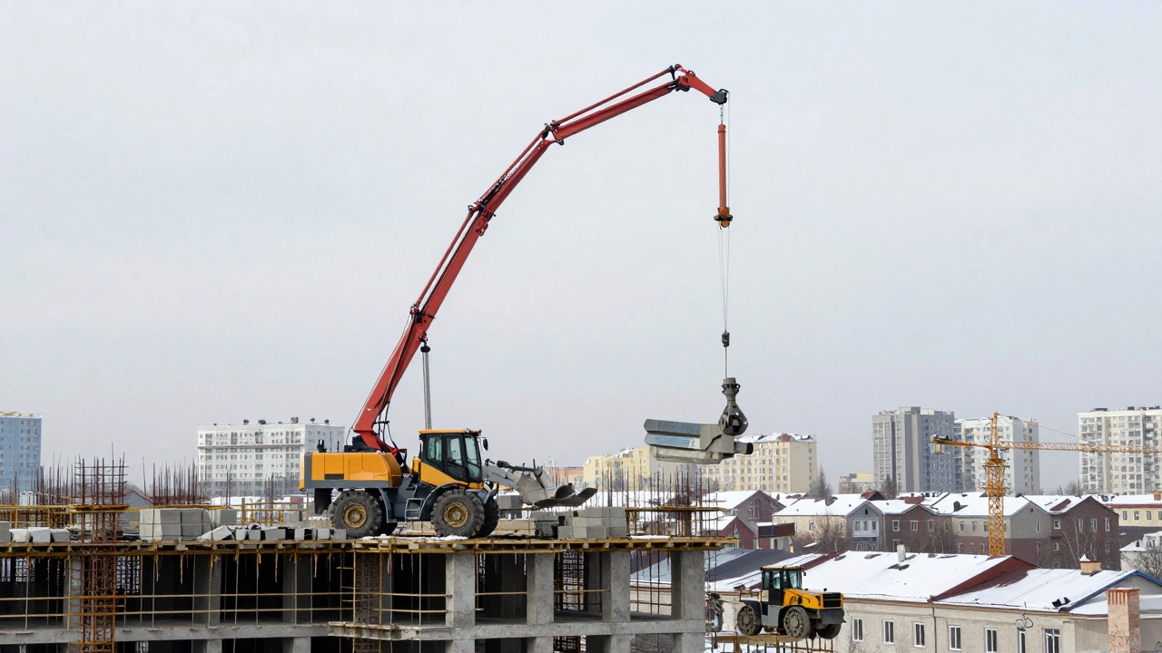 Телескопический погрузчик укладывает блоки на второй этаж, рядом бетононасос и кран.