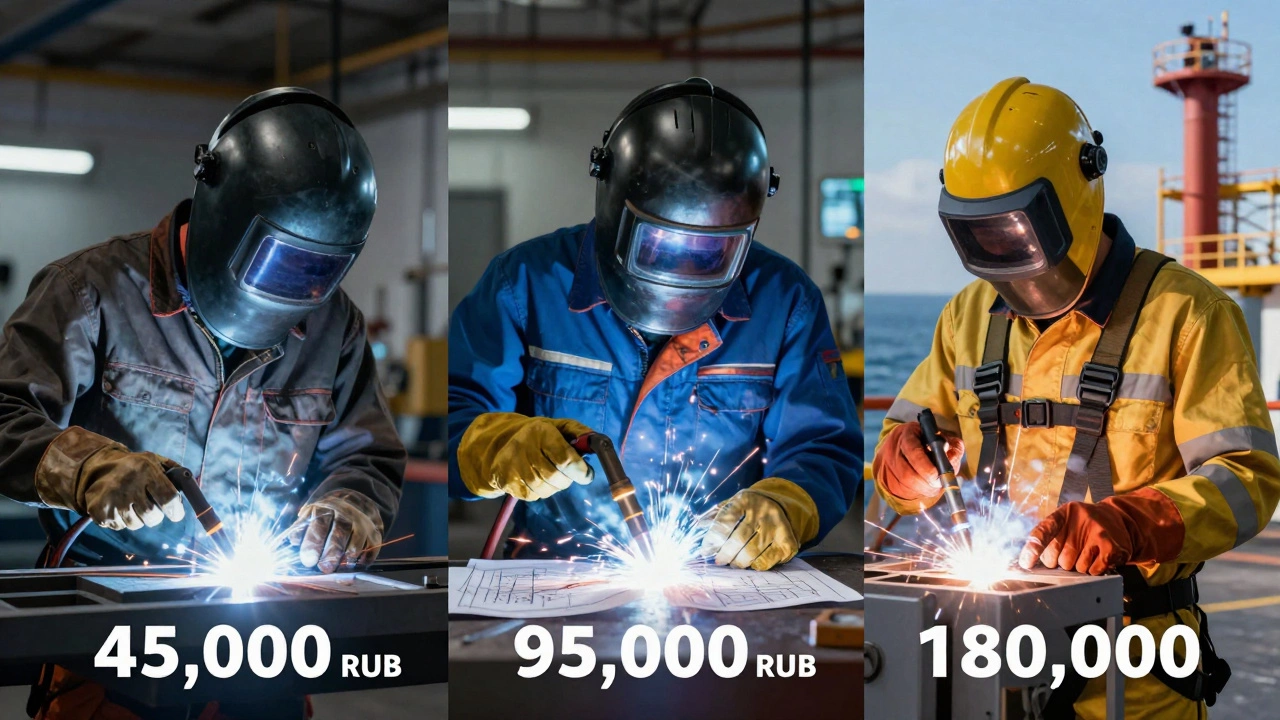 Три сварщика с разным уровнем заработка: начинающий, опытный и на северном объекте, в одной композиции.