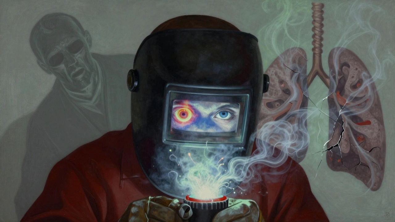 Вид через сварочную маску: одна сторона — ожог роговицы, другая — спокойное небо, вокруг — токсичные пары.