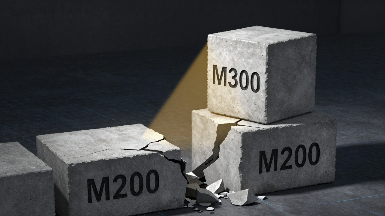 Бетонный куб М300 цел и силен рядом с разрушающимся кубом М200.