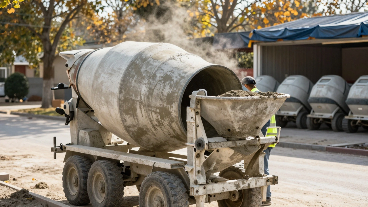 Бетономешалка на загородной стройке, рабочий подсыпает песок, за ней — ряд таких же машин под навесом.