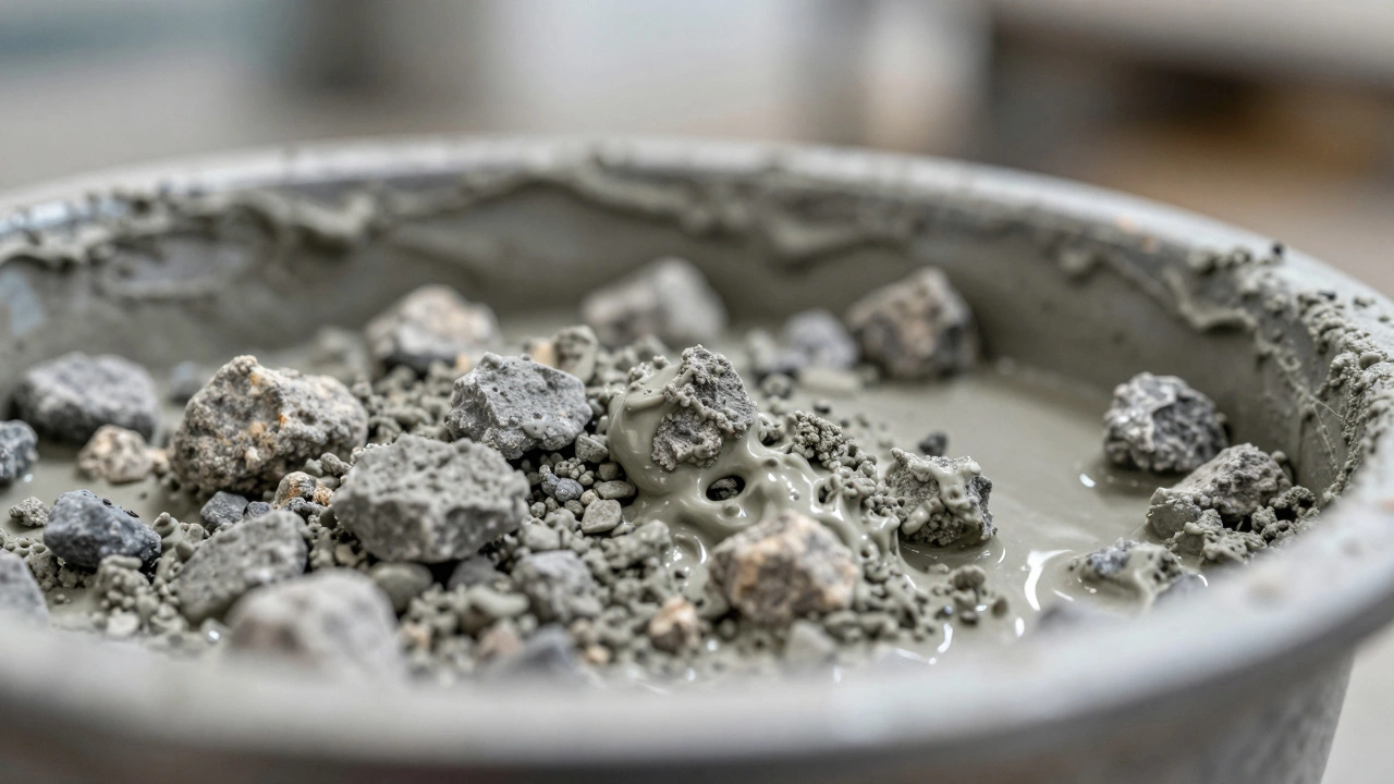 Близкий вид правильной консистенции бетонной смеси без лишней воды.