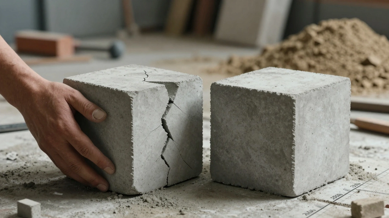 Два бетонных куба: один целый, другой треснутый, с указанием количества цемента.