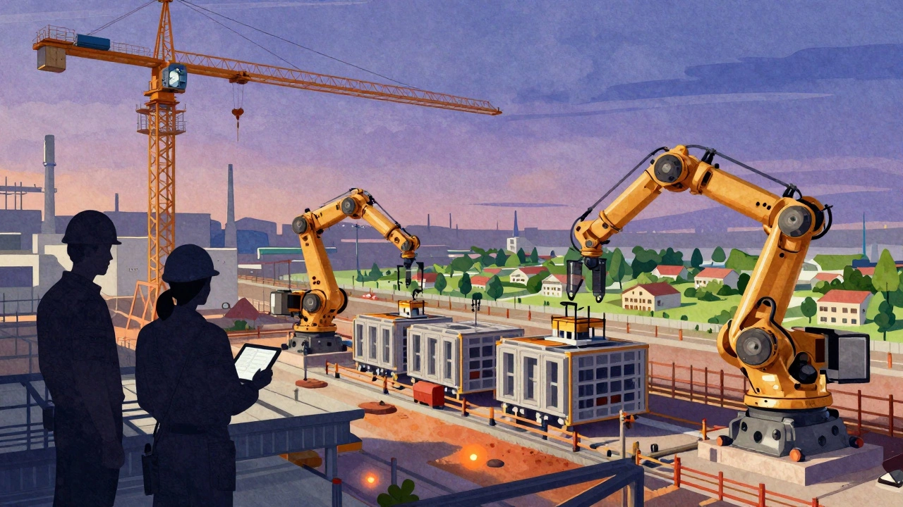 Инженеры и роботы работают вместе на автоматизированной стройке