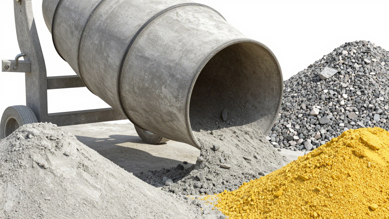 Процесс смешивания бетона: щебень, песок и вода в миксере.