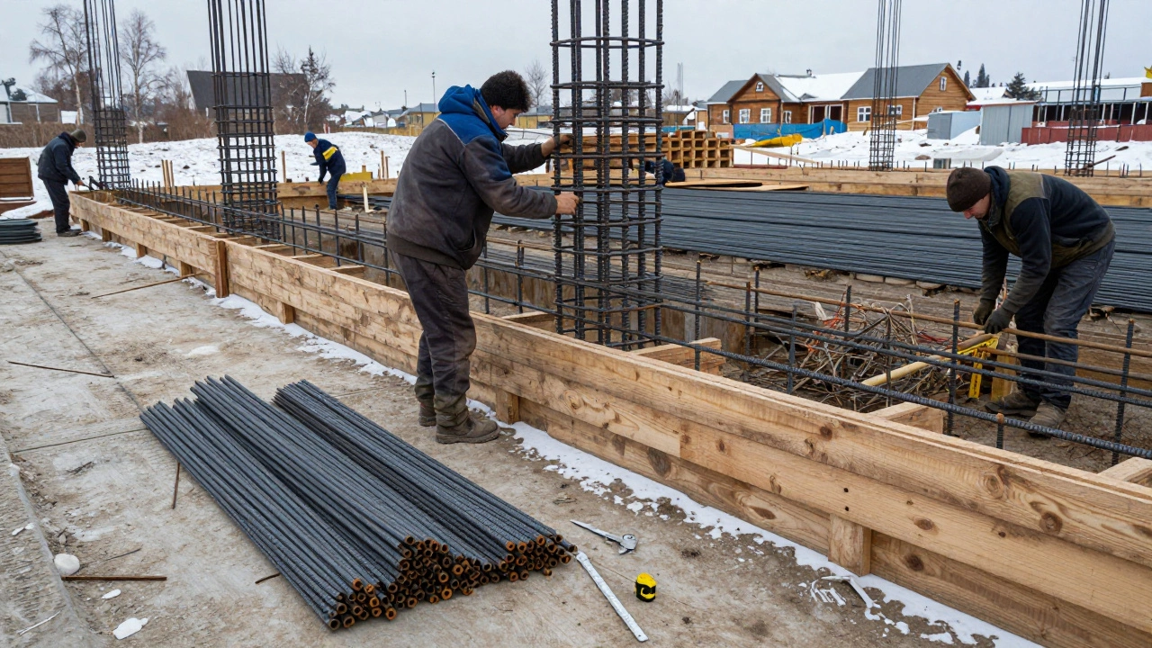 Рабочие укладывают арматуру на строительной площадке в Казани, зимний пейзаж, снег на земле.