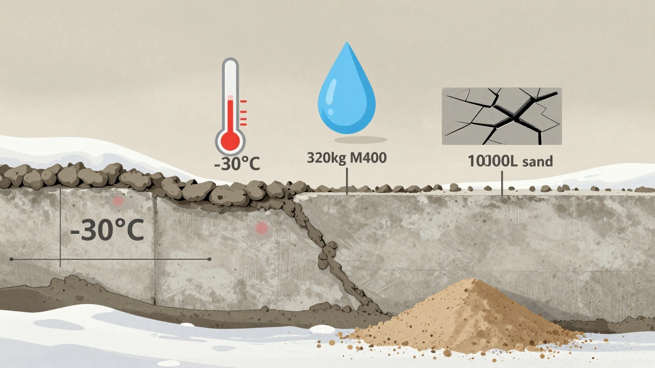 Разрез бетонной стены с указанием пропорций цемента и песка, на фоне зимних условий.