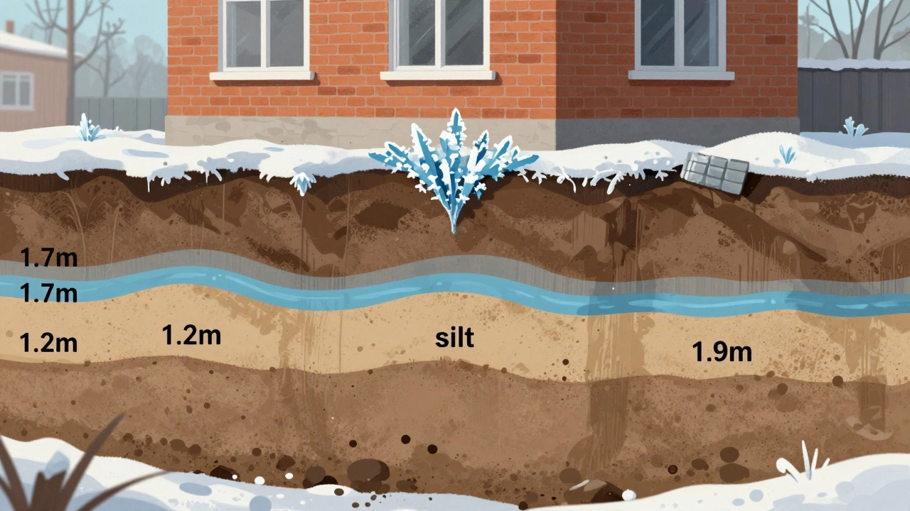 Разрез грунта с тремя типами почвы и разными глубинами закладки фундамента под домом.