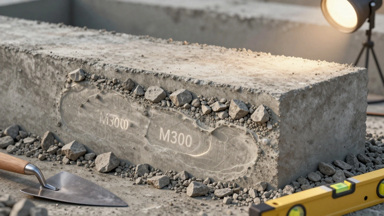 Разрез свежего фундамента из бетона М300 с равномерной структурой и мягким светом.