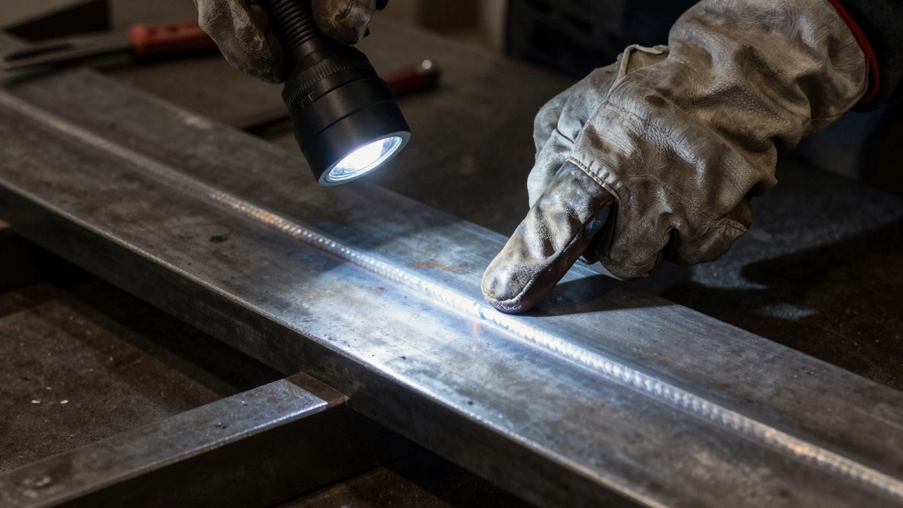 Рука в перчатке ощупывает гладкий сварной шов в мастерской.