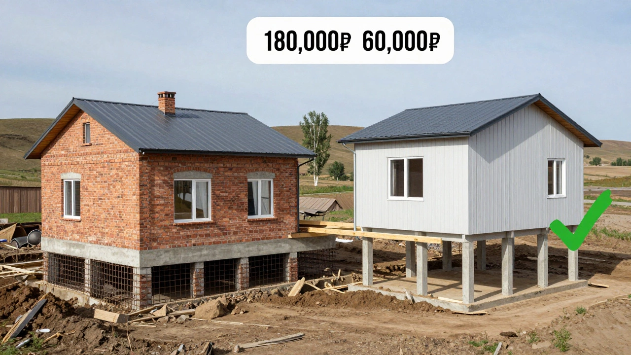 Сравнение ленточного и столбчатого фундаментов: тяжелый кирпичный дом и легкий СИП-дом на разных основаниях с указанием стоимости.