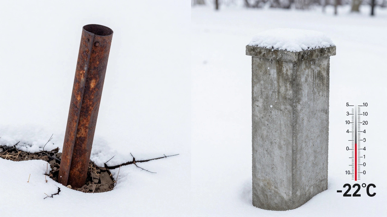 Сравнение: покосившийся столб и устойчивый в бетоне на снегу, температура -22°C, зимний ландшафт.