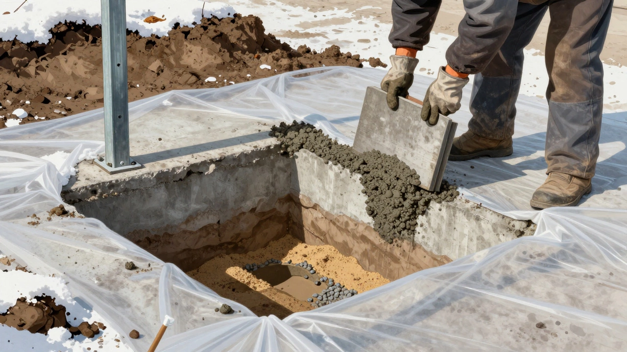 Столб заливается бетоном в яме глубиной 1,6 м, слои щебня и песка, зимний пейзаж Казани.